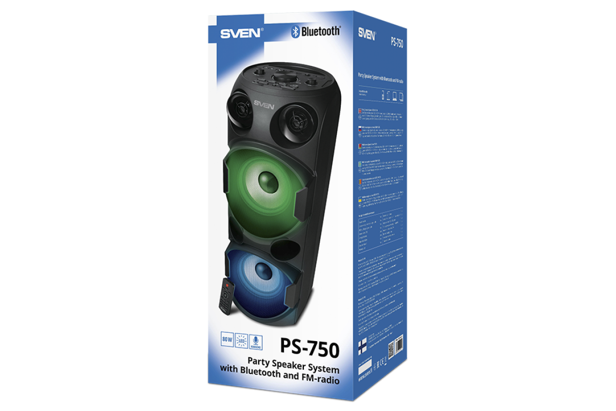 Колонка SVEN PS-750 Black (80Вт, TWS, bluetooth, подсветка, караоке ...