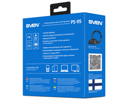 Колонка SVEN PS-95 Black (7 Вт, Waterproof (IPx7), TWS, Bluetooth, 1000мА*ч)