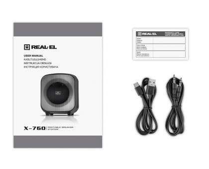 Колонка REAL-EL X-760 Black (65Вт, Bluetooth, USB, microSD, AUX, Mic, RGB, TWS, 4000мА*ч) Колонка REAL-EL X-760 Black (65Вт, Bluetooth, USB, microSD, AUX, Mic, RGB, TWS, 4000мА*ч)