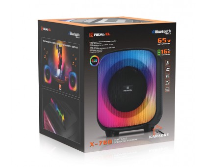 Колонка REAL-EL X-760 Black (65Вт, Bluetooth, USB, microSD, AUX, Mic, RGB, TWS, 4000мА*ч) Колонка REAL-EL X-760 Black (65Вт, Bluetooth, USB, microSD, AUX, Mic, RGB, TWS, 4000мА*ч)