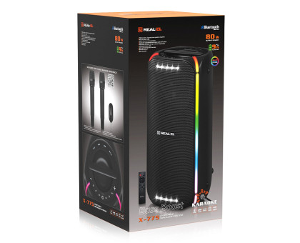 Колонка REAL-EL X-775 Black (80Вт, Bluetooth, USB, AUX, Mic караоке, RGB, TWS, 4500мА*год)