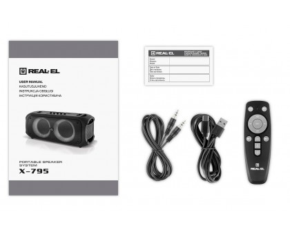 Колонка REAL-EL X-795 Black (70Вт, Bluetooth, AUX, USB, RGB, TWS, 2Mic караоке, 7000мА*ч) Колонка REAL-EL X-795 Black (70Вт, Bluetooth, AUX, USB, RGB, TWS, 2Mic караоке, 7000мА*ч)