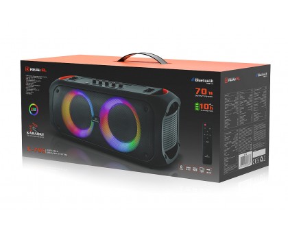 Колонка REAL-EL X-795 Black (70Вт, Bluetooth, AUX, USB, RGB, TWS, 2Mic караоке, 7000мА*ч) Колонка REAL-EL X-795 Black (70Вт, Bluetooth, AUX, USB, RGB, TWS, 2Mic караоке, 7000мА*ч)