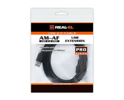 Кабель REAL-EL USB 2.0 Pro AM-AF (подовжувач) 3m чорний