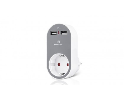 Зарядное USB-устройство c розеткой REAL-EL CS-20 белый-серый