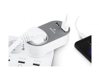 Зарядний USB-пристрій з розеткою REAL-EL CS-20 біло-сірий