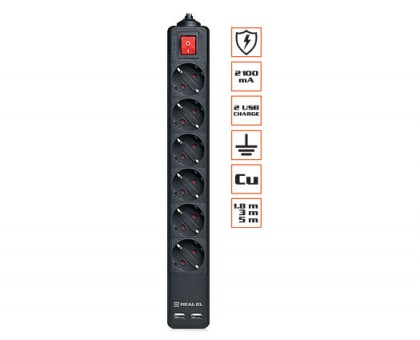 Фільтр-подовжувач REAL-EL RS-6 PROTECT USB 1.8m чорний