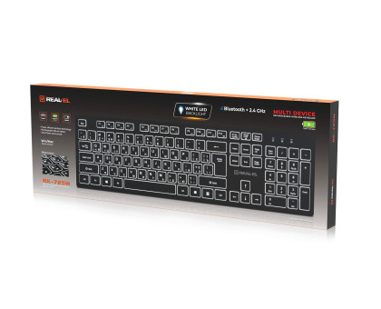 Клавіатура REAL-EL RK-725W бездротова з білим підсвічуванням 2.4ГГц + Bluetooth, Li-Ion 2000 мА·год, Type-C, чорна