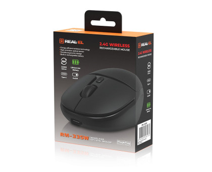 Мишка REAL-EL RM-335W, бездротова, вбудований акумулятор, чорна
