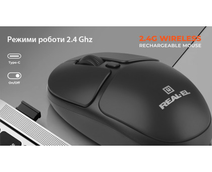 Мишка REAL-EL RM-335W, бездротова, вбудований акумулятор, чорна