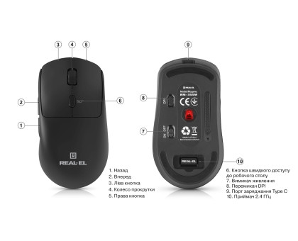 Мишка REAL-EL RM-355W, бездротова, вбудований акумулятор, чорна