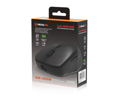 Мишка REAL-EL RM-355W, бездротова, вбудований акумулятор, чорна