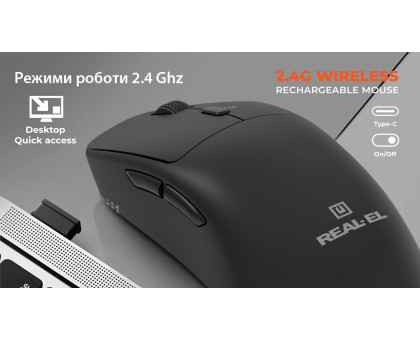 Мишка REAL-EL RM-355W, бездротова, вбудований акумулятор, чорна