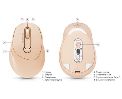 Мишка REAL-EL RM-370W, бездротова, вбудований акумулятор, тиха, бежева