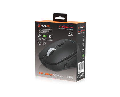 Мишка REAL-EL RM-380W, бездротова, вбудований акумулятор, тиха, чорна