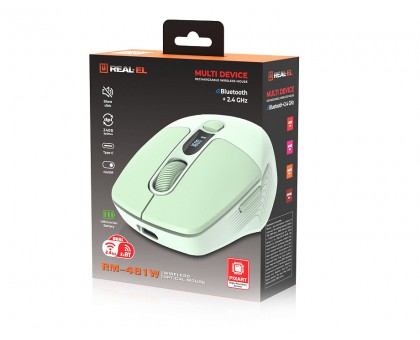 Мышка REAL-EL RM-481W (беспроводная Bluetooth / 2.4 ГГц, с аккумулятором и мультиподключением, светло-зеленая) Мышка REAL-EL RM-481W (беспроводная Bluetooth / 2.4 ГГц, с аккумулятором и мультиподключением, светло-зеленая)