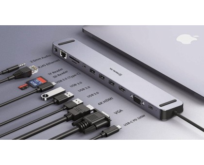 Type C мультифункціональна док-станція REAL-EL CQ-1000 (3×USB A 3.1, USB-C, HDMI, RJ45, audio 3.5 mm, SD/TF, VGA, USB-C PD)
