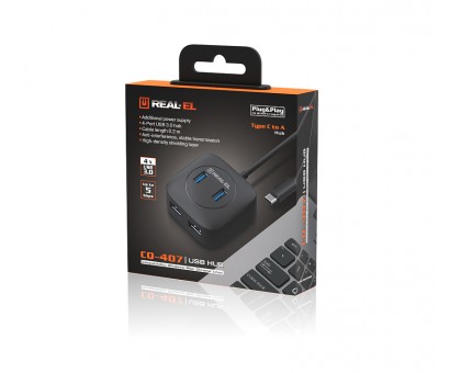 USB концентратор REAL-EL CQ-407, Type-C, 4 порта USB 3.0, чорний