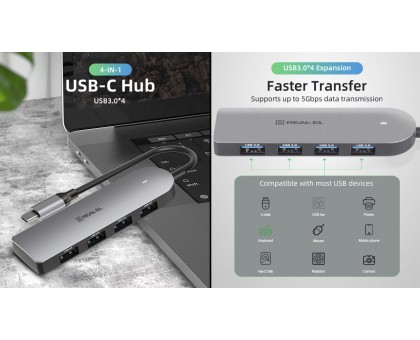 Type C мультифункціональний хаб USB 3.0 REAL-EL CQ-415 сiрий
