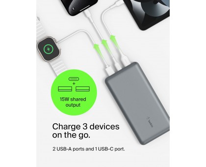 Belkin Акумулятор портативний літій-іонний Power Bank 20000мА·год, 15Вт, 2хUSB-A/USB-C, cірий Belkin Акумулятор портативний літій-іонний Power Bank 20000мА·год, 15Вт, 2хUSB-A/USB-C, cірий