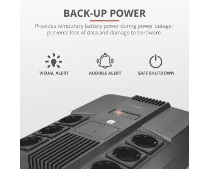 Джерело безперебійного живлення Trust Maxxon 800VA UPS with 6 standard wall power outlets BLACK Джерело безперебійного живлення Trust Maxxon 800VA UPS with 6 standard wall power outlets BLACK