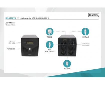 Источник бесперебойного питания DIGITUS Line-Interactive, 1000VA/600W, LCD, 4xSchuko, RJ45, RS232, USB Источник бесперебойного питания DIGITUS Line-Interactive, 1000VA/600W, LCD, 4xSchuko, RJ45, RS232, USB