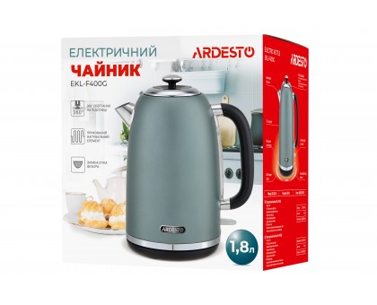 Электрочайник Ardesto Mint Harmony, 1.8л, Strix, металл, мятный матовый