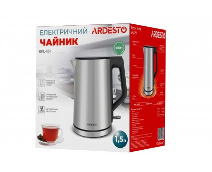 Электрочайник Ardesto Steel Collection 1.5л, Strix, двойные стенки, серебристый