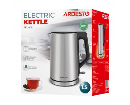 Электрочайник Ardesto Steel Collection 1.5л, Strix, двойные стенки, серебристый