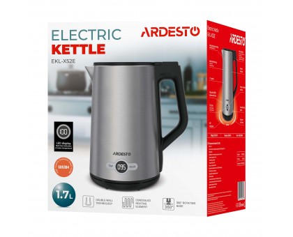 Электрочайник Ardesto Steel Collection 1.7л, Strix, LED дисплей, двойные стенки, серебристый