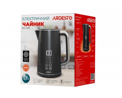 Електрочайник Ardesto Elegance, 1.7л, LED дисплей, подвійні стінки, Otter, чорний глянець