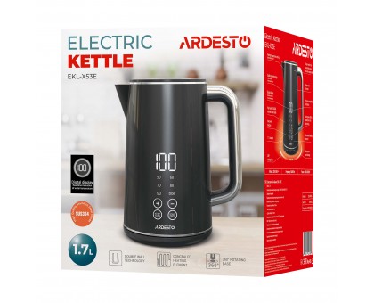 Електрочайник Ardesto Elegance, 1.7л, LED дисплей, подвійні стінки, Otter, чорний глянець