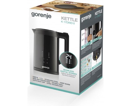 Електрочайник Gorenje 1.7л, подвійні стінки, LED дисплей, Strix контроль, чорний Електрочайник Gorenje 1.7л, подвійні стінки, LED дисплей, Strix контроль, чорний