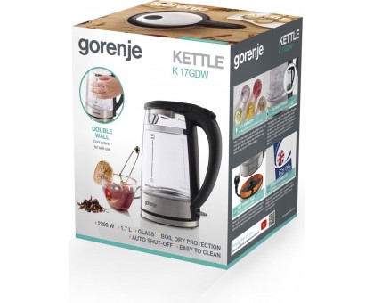 Електрочайник Gorenje 1.7л, 2,200 Вт, strix контроль, скло, чорний Електрочайник Gorenje 1.7л, 2,200 Вт, strix контроль, скло, чорний