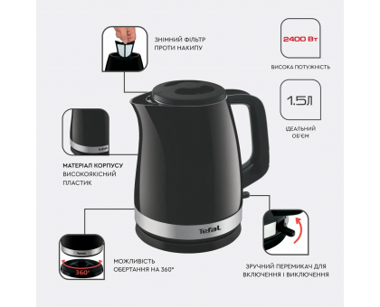 Електрочайник Tefal Delfini 1.7л, пластик, сріблясто-чорний