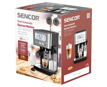 Кавоварка Sencor ріжкова 1.4л, мелена, автоматичний капучинатор, LCD-дисплей, нерж. сталь-чорний Кавоварка Sencor ріжкова 1.4л, мелена, автоматичний капучинатор, LCD-дисплей, нерж. сталь-чорний