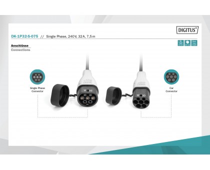 Кабель зарядний DIGITUS EV Single Phase, 240V, 32A, 7.5 m Type 2 to Type 2 Spiral Кабель зарядний DIGITUS EV Single Phase, 240V, 32A, 7.5 m Type 2 to Type 2 Spiral