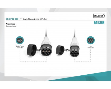 Кабель зарядний DIGITUS EV Single Phase, 240V, 32A, 5 m Type 2 to Type 2 Standard Кабель зарядний DIGITUS EV Single Phase, 240V, 32A, 5 m Type 2 to Type 2 Standard