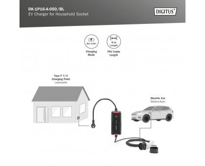 Пристрій зарядний DIGITUS EV Single Phase, 3.7kW, 5 m, Schuko to Type 2, з блоком керування та індикуації заряду