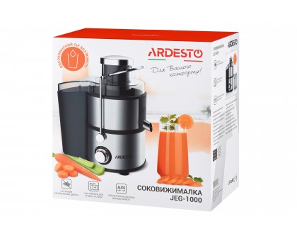 Соковыжималка Ardesto центробежная 1000Вт, чаша-0.5л, жмых-1.5л, пластик/металл, серебристо-черный Соковыжималка Ardesto центробежная 1000Вт, чаша-0.5л, жмых-1.5л, пластик/металл, серебристо-черный