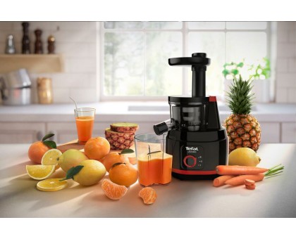 Соковыжималка Tefal Juiceo шнековая 150Вт, чаша-0.8л, жмых-0.8л, насадка для цитрусовых, пластик, черно-крассный