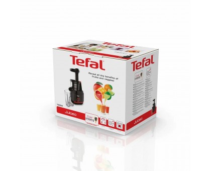 Соковыжималка Tefal Juiceo шнековая 150Вт, чаша-0.8л, жмых-0.8л, насадка для цитрусовых, пластик, черно-крассный