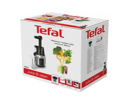 Соковыжималка Tefal Juice&Clean шнековая 150Вт, чаша-0.8л, жмых-0.8л, пластик, серебристо-черный