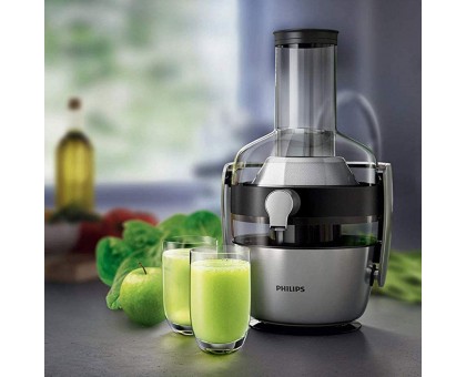 Соковитискач Philips Avance Collection відцентрований 1200Вт, чаша-1л, жмих-2.1л, жолоб на ціле яблуко, пластик/метал, сріблястий