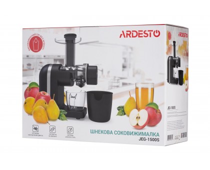 Соковыжималка Ardesto шнековая 200Вт, чаша-0.6л, жмых-0.7л, пластик/металл, черно-серебристый Соковыжималка Ardesto шнековая 200Вт, чаша-0.6л, жмых-0.7л, пластик/металл, черно-серебристый