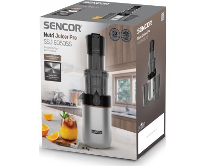 Соковыжималка Sencor центробежная 200Вт, чаша-0.8л, жмых-0.6л, желоб на целое яблоко, пластик, нерж. сталь-черный