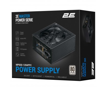 Блок питания 2E Master Power (650W), >80%, 80+ White, 120мм, 1xMB 24pin(20+4), 1xCPU 8pin(4+4), 3xMolex, 5xSATA, 2xPCIe 8pin(6+2) Блок питания 2E Master Power (650W), >80%, 80+ White, 120мм, 1xMB 24pin(20+4), 1xCPU 8pin(4+4), 3xMolex, 5xSATA, 2xPCIe 8pin(6+2)