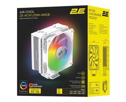 Процессорный кулер 2E GAMING Air Cool ACN120W-ARGB, LGA1851, 1700, 1200, 115x, 1366, AM5, AM4, AM3, AM3+, AM2 ,AM2+, FM2, FM1 4pin PWM, 3pin +5VARGB, TDP 180W