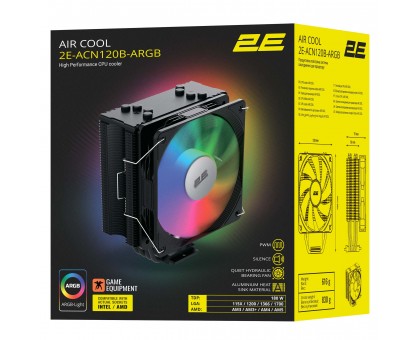 Процессорный кулер 2E GAMING Air Cool ACN120B-ARGB, LGA1851, 1700, 1200, 115x, 1366, AM5, AM4, AM3, AM3+, 4pin PWM, 3pin +5VARGB, TDP 180W
