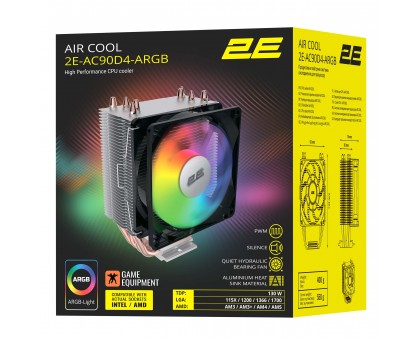 Процессорный кулер 2E GAMING Air Cool AC90D4-ARGB, LGA1851, 1700, 1200, 1366, 115x, AM5, AM4, AM3, AM3+, 4pin PWM, TDP 130W